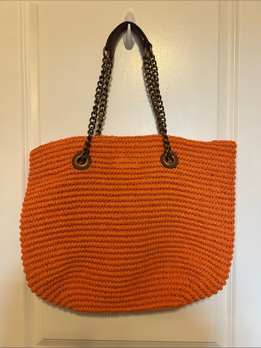 NWT- Kurt Geiger Handwoven Straw Orange Leather and Chain-Handle Tote Bag - Picture 4 of 5